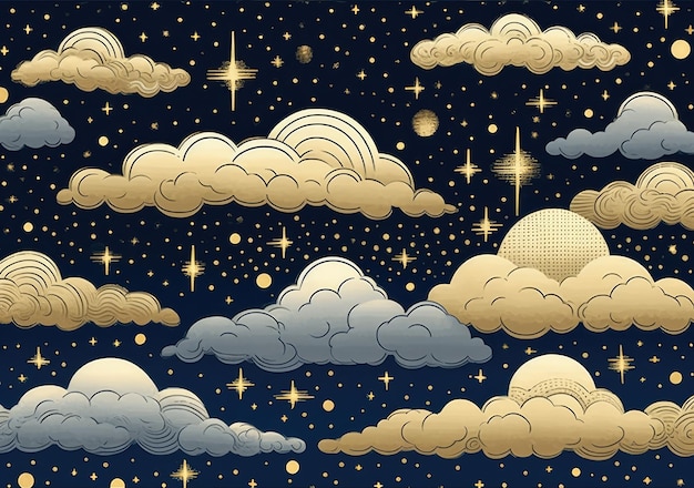 Ilustración de un paisaje de ensueño detallado en gris oscuro y beige cielo constelaciones nubes hermoso cielo estrellado IA generativa