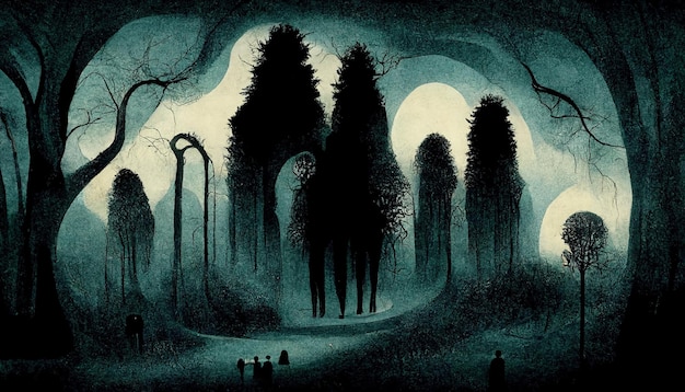 Ilustración de paisaje espeluznante de bosque embrujado Fondo de bosque de Halloween de fantasía Arte digital