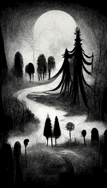 Ilustración de paisaje espeluznante de bosque embrujado Fondo de bosque de Halloween de fantasía Arte digital