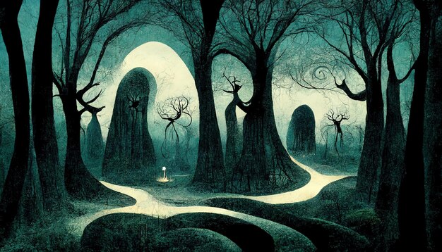 Ilustración de paisaje espeluznante de bosque embrujado Ilustración 3D de fondo de bosque de Halloween de fantasía