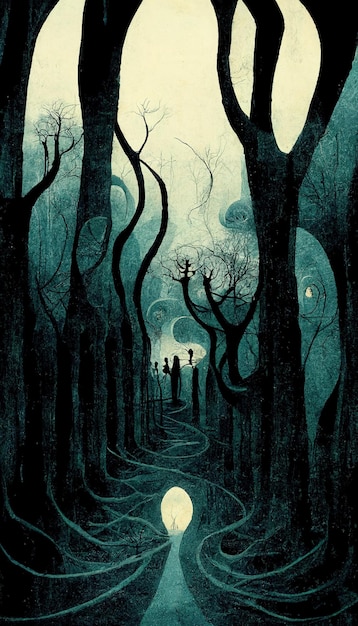 Ilustración de paisaje espeluznante de bosque embrujado Ilustración 3D de fondo de bosque de Halloween de fantasía