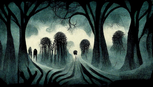 Ilustración de paisaje espeluznante de bosque embrujado Ilustración 3D de fondo de bosque de Halloween de fantasía