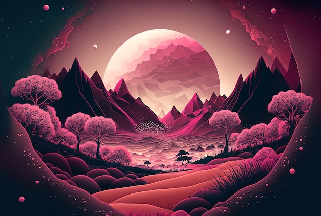 Ilustración de un paisaje de fantasía abstracto en rosa con luna y estrellas IA generativa