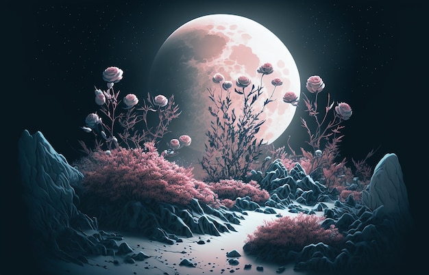 Ilustración de un paisaje de fantasía abstracto con rosas rosadas en luna de nieve y estrellas de la vía láctea IA generativa