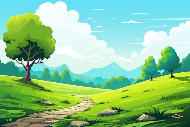 Ilustración de paisaje fondo de árboles y hierba con rocas y colorido cielo y sol