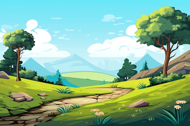 Ilustración de paisaje fondo de árboles y hierba con rocas y colorido cielo y sol