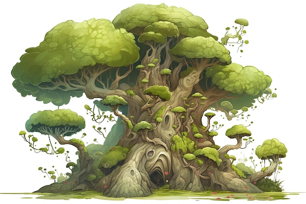 Una ilustración de un paisaje forestal mágico sobre un fondo blanco un árbol de hadas detallado con fabuloso