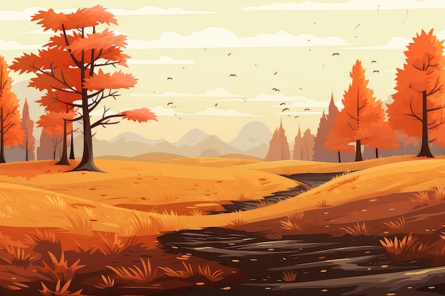 Ilustración del paisaje forestal de otoño con árboles amarillos