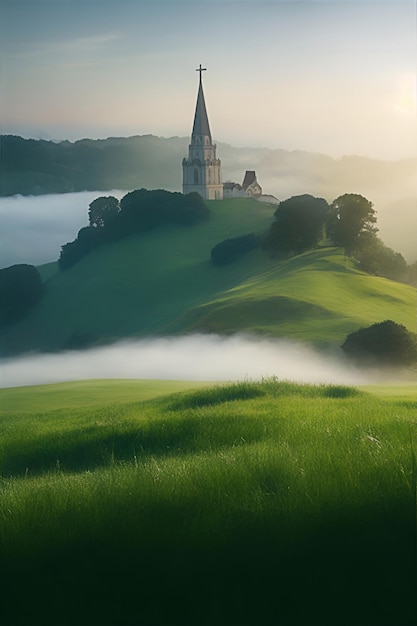 Ilustración de un paisaje con una iglesia un día de niebla