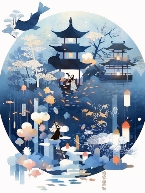 Ilustración de un paisaje japonés con una pagoda y un pájaro generativo ai