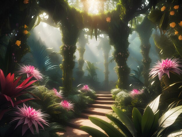 Foto ilustración de paisaje de la jungla con flores