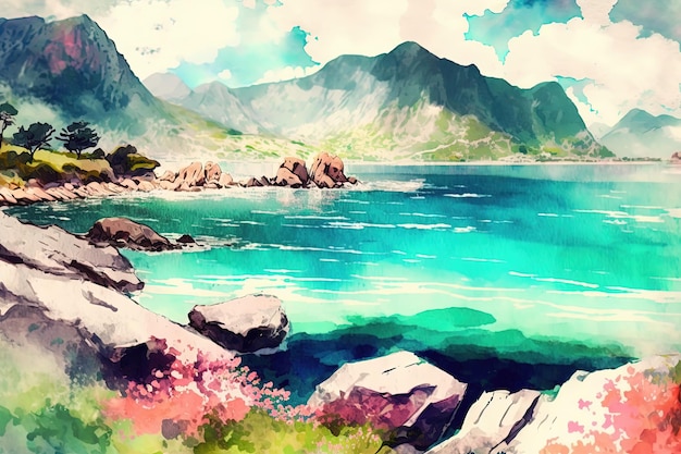 Ilustración de paisaje de mar de verano de acuarela Paisaje marino con montañas Ai generado