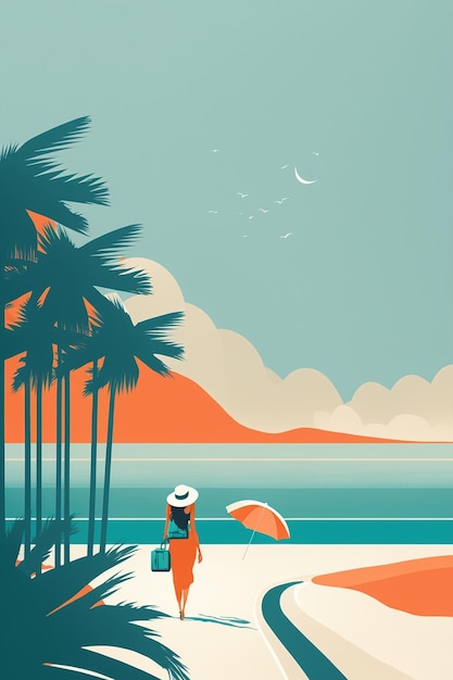 Ilustración de paisaje marino de viaje mínimo generativo de ai con viajero de pasión por los viajes caminando