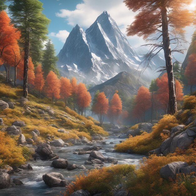 Ilustración de paisaje de montaña de fantasía renderizado en 3DIlustración de paisaje de montaña de fantasía renderizado en 3D