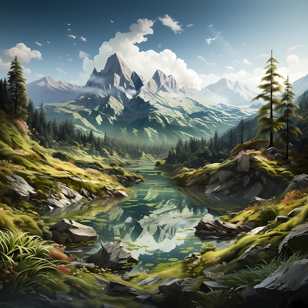 Ilustración paisaje montaña pantano