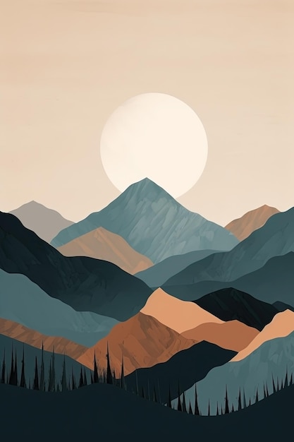 Ilustración del paisaje de las montañas Boho y el sol generada por Ai