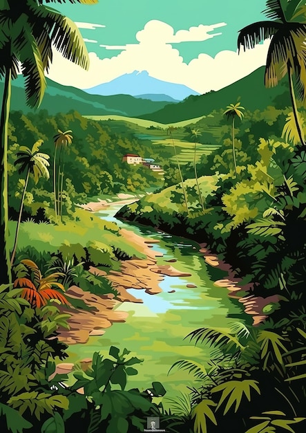 Ilustración de un paisaje natural en Costa Rica