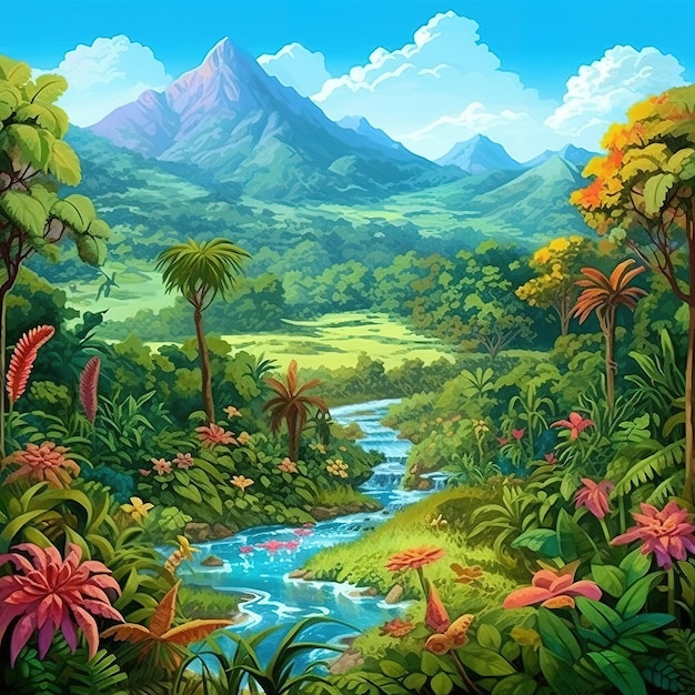 Ilustración de un paisaje natural en Costa Rica