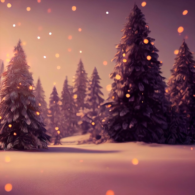 Ilustración de paisaje navideño hermoso paisaje de invierno con árboles de navidad y nieve