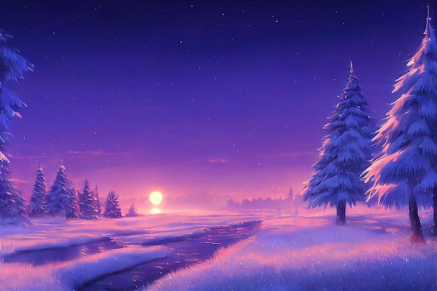 Ilustración de paisaje navideño hermoso paisaje de invierno con árboles de navidad y nieve