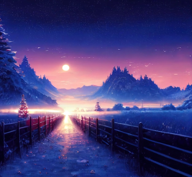 Ilustración de paisaje navideño hermoso paisaje de invierno con árboles de navidad y nieve