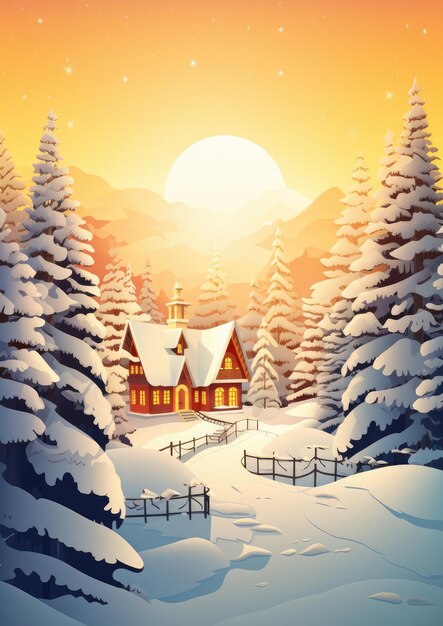 Ilustración de un paisaje nevado de invierno tarjeta de felicitación navideña Generative Ai