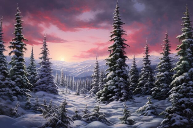 una ilustración de un paisaje nevado con pinos