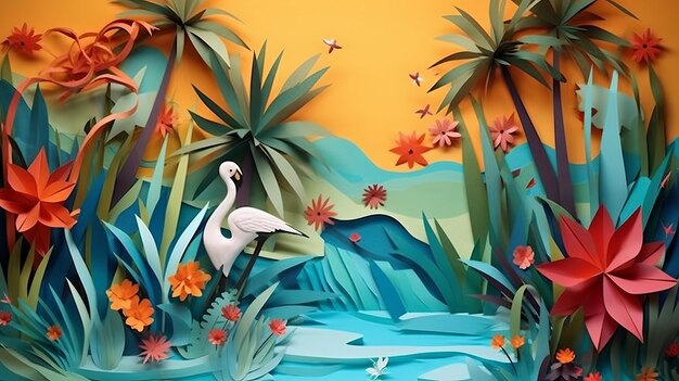 Ilustración de un paisaje de papel inspirado en un paraíso tropical con pájaros de origami y playa con palmeras