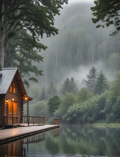 Foto ilustración de un paisaje con un pequeño barco y una casa en un lago