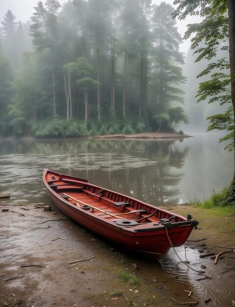 Ilustración de un paisaje con un pequeño barco y una casa en un lago