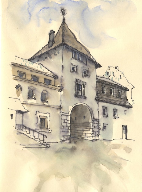 Ilustración de paisaje de pintura de acuarela para invitación de tarjetas de póster
