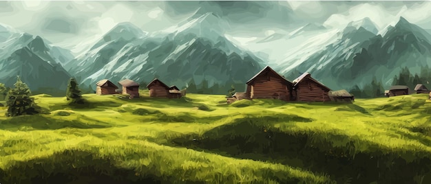 Ilustración de paisaje plano de vector de campo de verano Ver naturaleza cielo montañas acogedoras casas de pueblo Casa