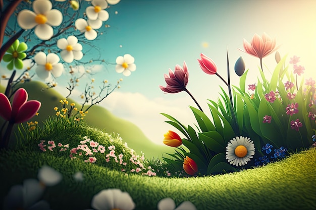 Ilustración de un paisaje primaveral lleno de flores de colores y cielo azul Ai generativo