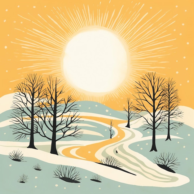 Ilustración paisaje de puesta de sol de invierno con río y árboles