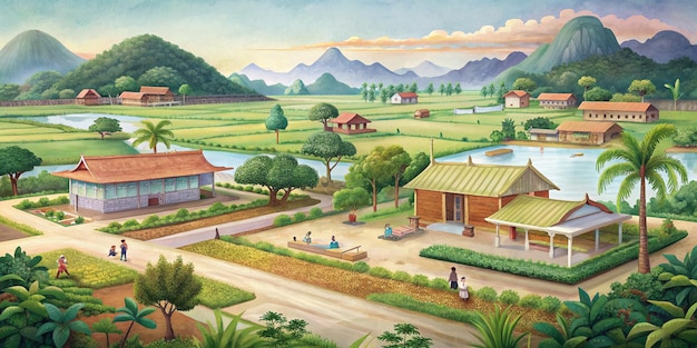 Ilustración paisaje rural escuela infantil ubicada entre extensos campos de arroz