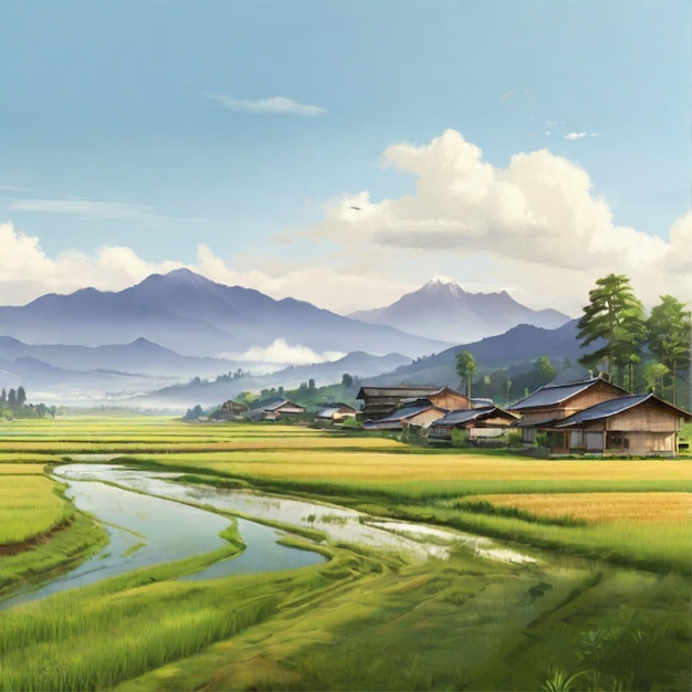 Ilustración de un paisaje rural con hermosos campos de arroz