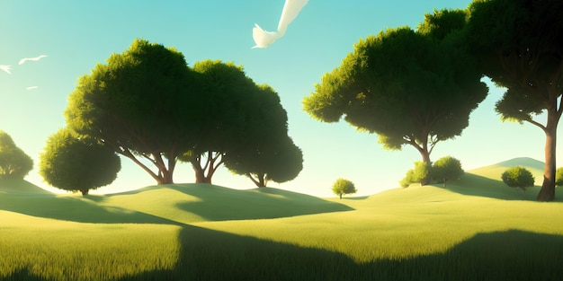 Foto ilustración de paisaje simple, un campo verde y árboles, y un cielo brillante en el fondo