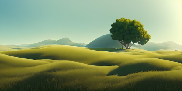 Ilustración de paisaje simple, un campo verde y árboles, y un cielo brillante en el fondo