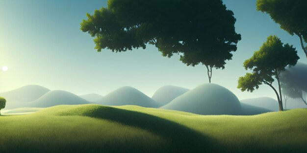 Ilustración de paisaje simple, un campo verde y árboles, y un cielo brillante en el fondo