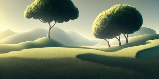 Ilustración de paisaje simple, un campo verde y árboles, y un cielo brillante en el fondo
