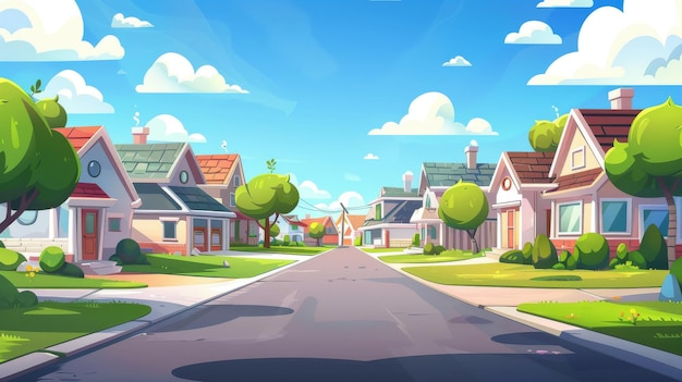 Una ilustración de un paisaje suburbano de verano con una fila de casas al final de una calle con hierba verde en el patio, la carretera y el camino de entrada.