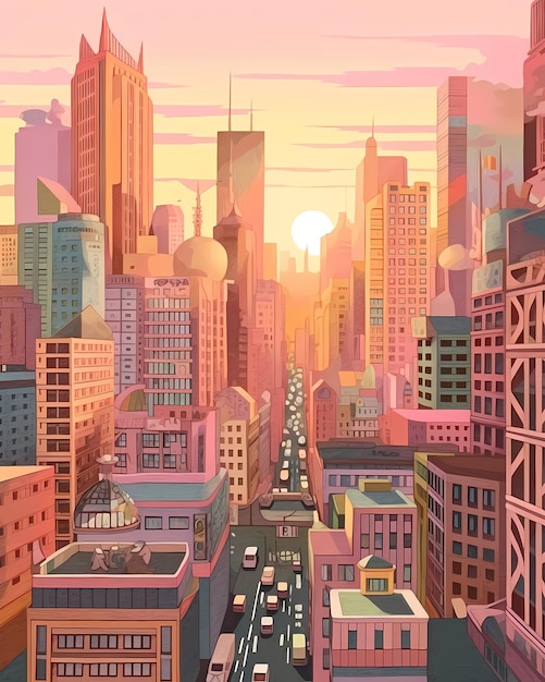 Ilustración de paisaje urbano en formas geométricas al atardecer y colores pastel IA generativa