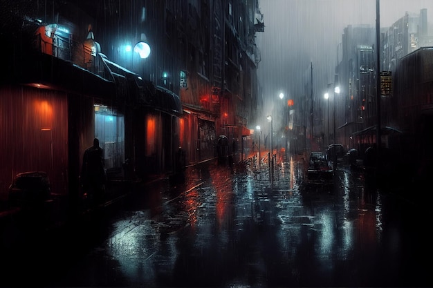 Ilustración de un paisaje urbano imaginario en la noche con lluvia