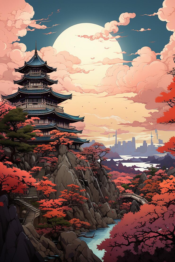 Ilustración de paisaje urbano japonés vintage en tonos rosados