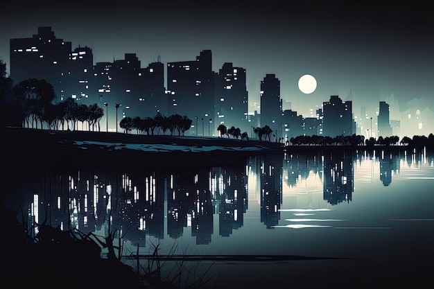 Ilustración de un paisaje urbano nocturno con un terraplén de río