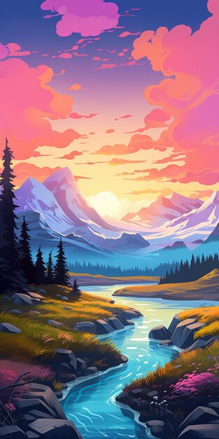 Ilustración de paisaje vibrante con estilo Whistlerian del río y Rtx en