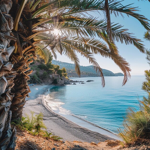 Ilustración del paisaje con vista al océano de la palmera tropical de playa