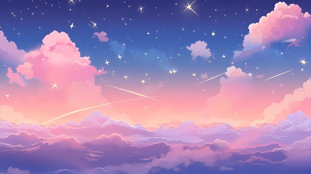Ilustración de paisajes de dibujos animados de noche con estrellas dibujados a mano