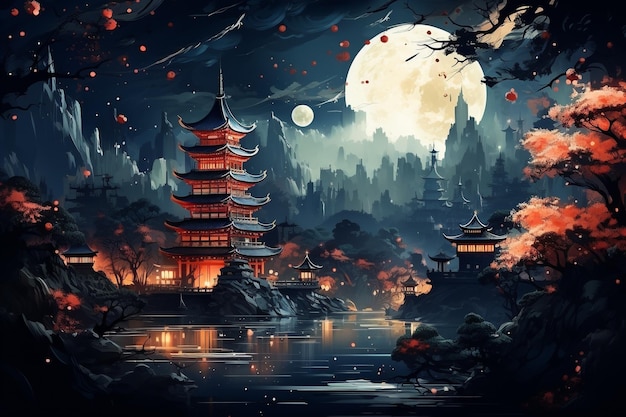 Foto ilustración de paisajes imaginarios y fantásticos de la luna y el templo