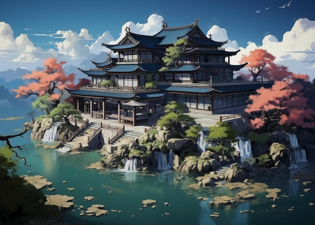 Ilustración de paisajes japoneses durante las flores de cerezo japonesas